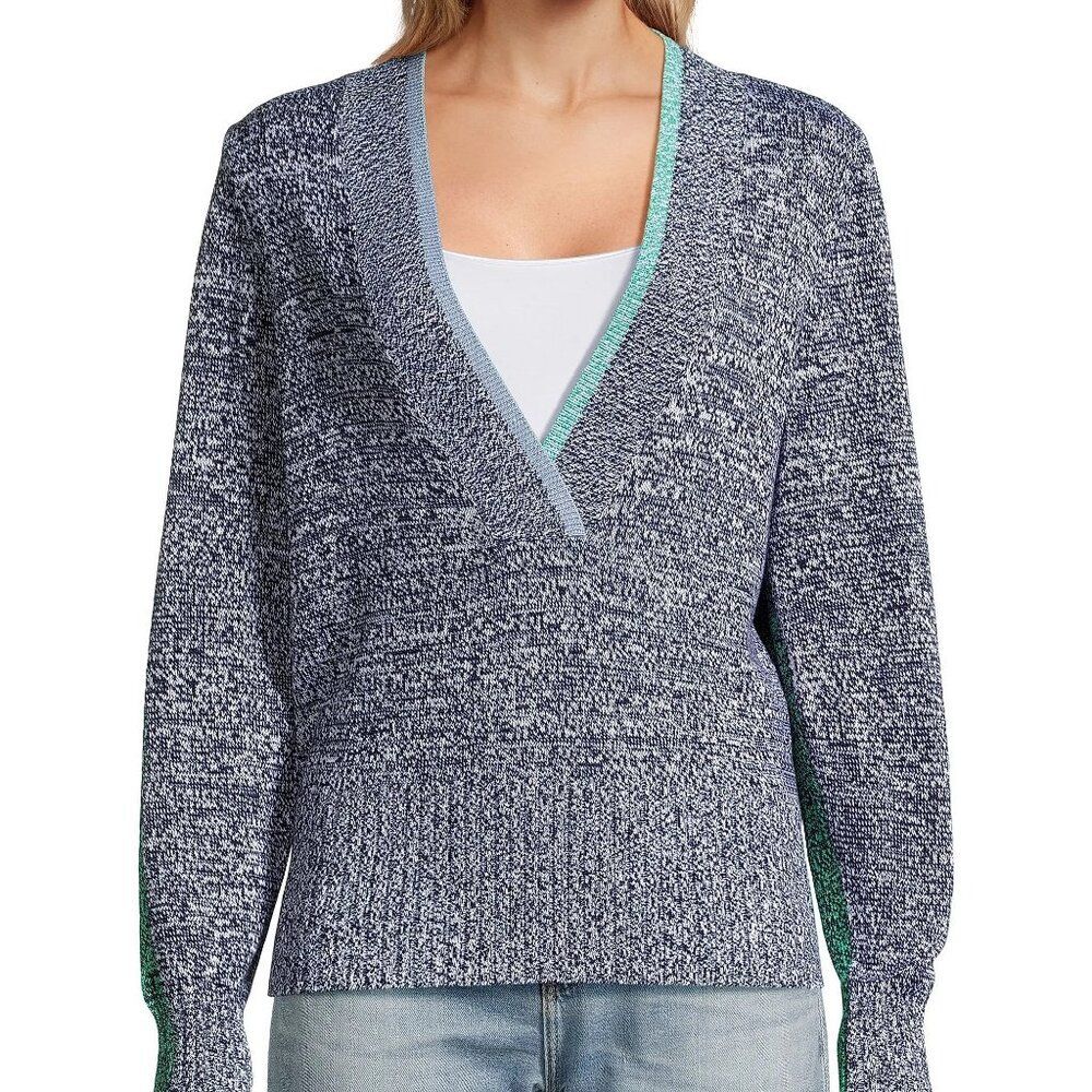 NIC+ZOE Colorblock V-Neck Sweater M Blue Green Trim Cotton Blend Knit Preppy